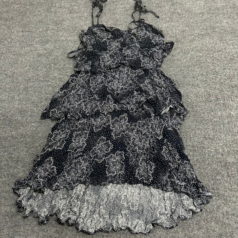 Tommy Hilfiger Dress Womens Size 8 Navy Blue Rayon Floral Tiered Ruffle High Low